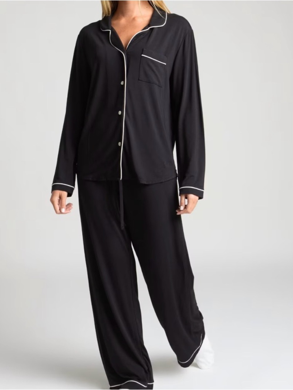 Classic Black Women's Pajama Set with Contrast Piping